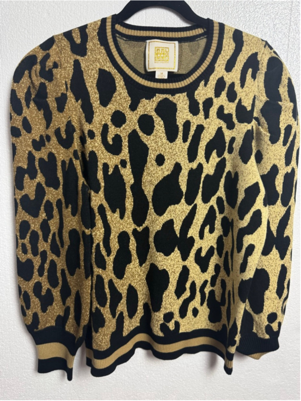Emily McCarthy Julia Sweater Gold Black Lady Leopard Print Crew Neck Sweater M - Picture 11 of 11